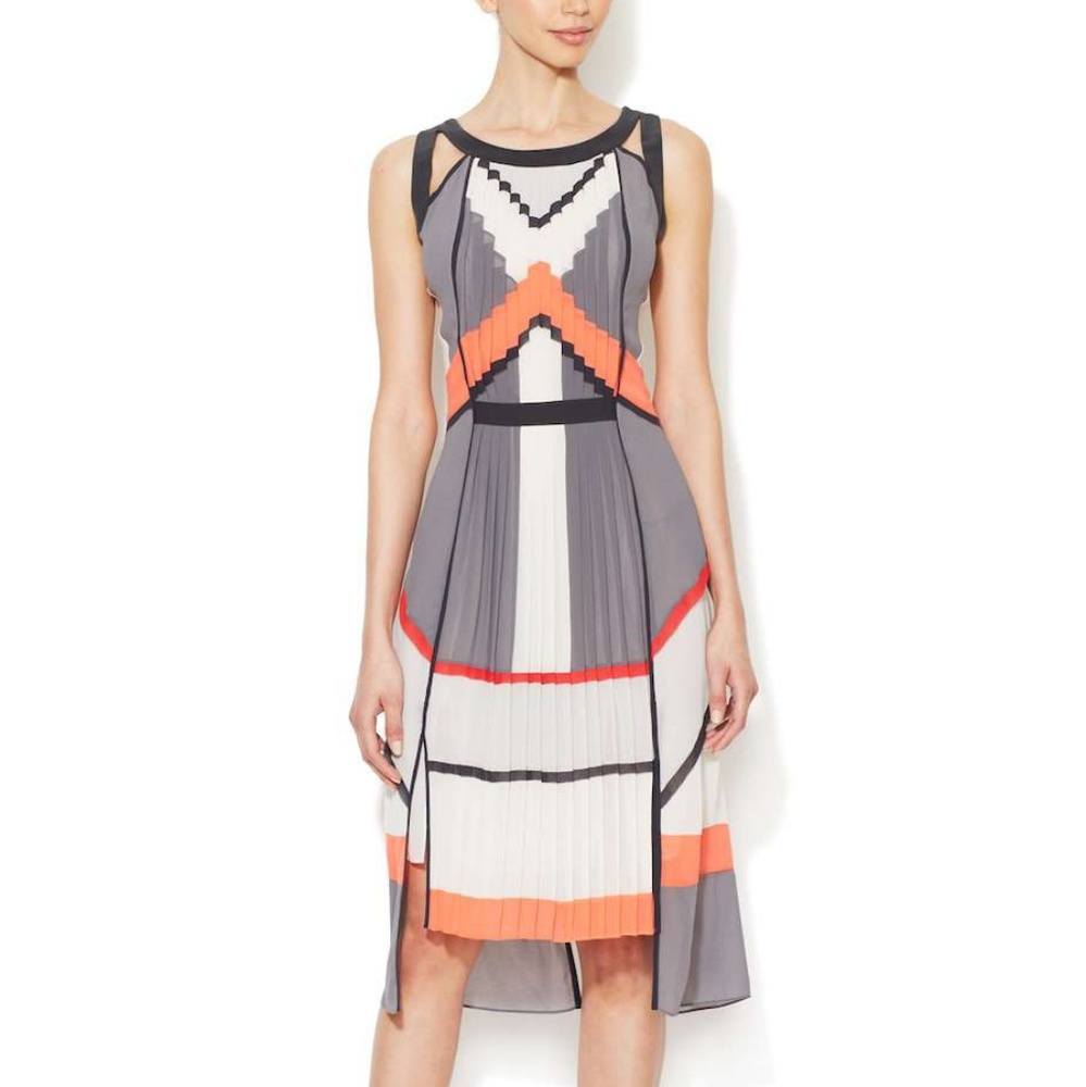 BCBGMaxAzria Gray, White & Orange Asymmetrical Pleated Dress